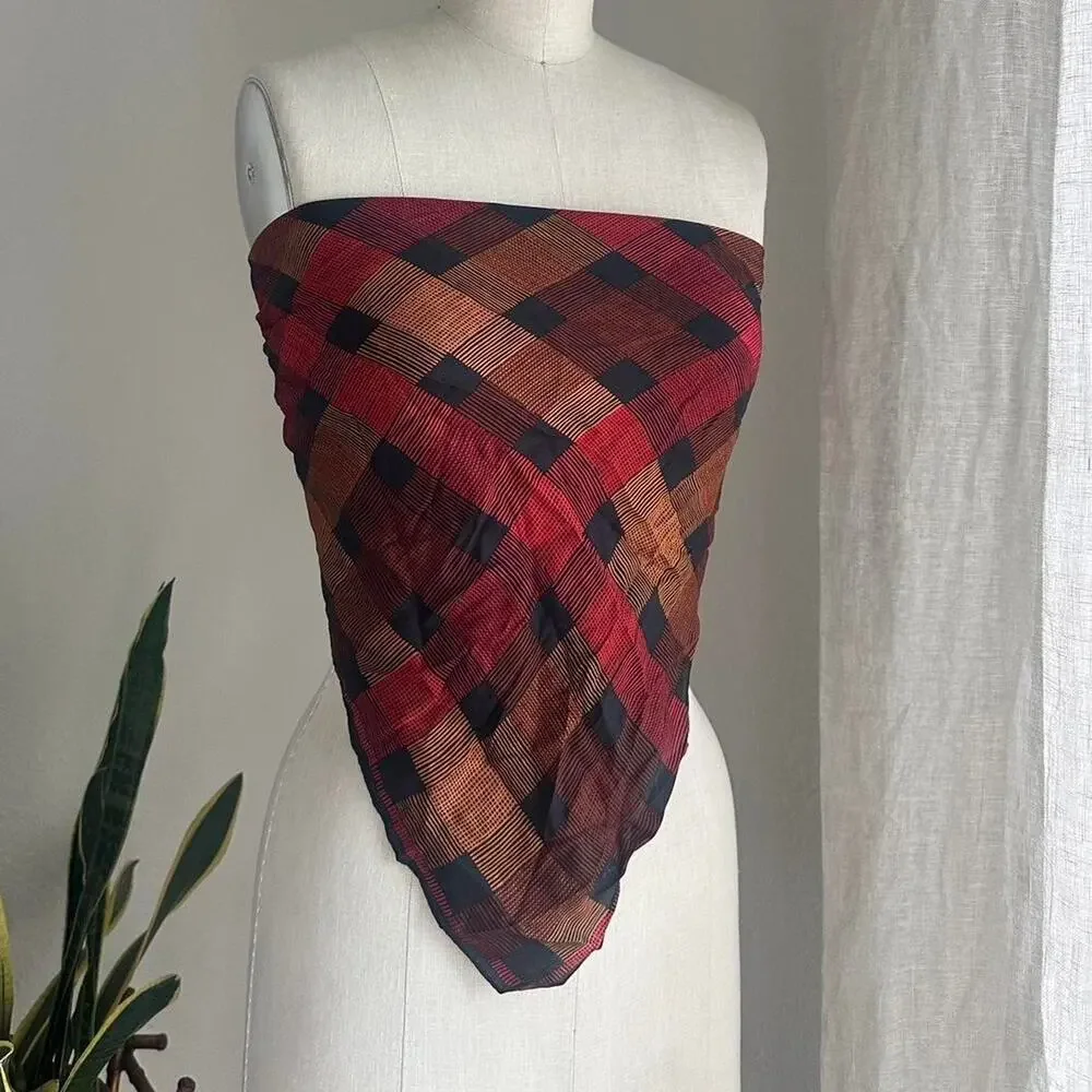 Vintage Scarf Red Black Brown Plaid Silk Triangle Top Classic